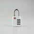 A white portable TSA luggage lock with a silver shackle and a combination dial. It features a small logo on the body.