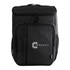A black backpack with a front pocket, mesh side pockets, and a logo on the front.