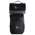A black and grey picnic backpack featuring a logo, with a detachable insulated cooler on top.