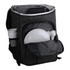 A grey insulated backpack with a plate, cutlery, and cups stored inside. Features side pockets and a logo.