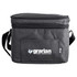 A grey insulated cooler bag with a zip closure and a shoulder strap, featuring a logo on the front.