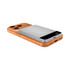 A wireless power bank in silver and orange, featuring a sleek design with a branded logo.
