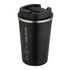 A drink bottle in matte black with a stainless steel lid and a logo on the side. It has a double wall vacuum design.