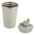 A drink bottle in a light grey colour with a removable lid and stainless steel rim. It features a logo.