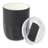 A drink bottle featuring a matte black exterior and a ceramic liner, accompanied by a clear lid.