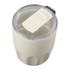 A drink bottle featuring a cream exterior, clear lid, and a ceramic liner with a sliding closure. It has a logo.