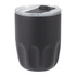 A drink bottle in matte black with a transparent lid and a textured design. It includes a logo.