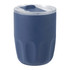 A drink bottle in navy blue with a transparent lid and a textured design. It features a logo on the surface.