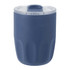 A drink bottle with a navy blue exterior and a clear lid, featuring a logo on the surface.