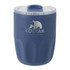 A drink bottle in navy blue with a clear lid and an embossed logo on the front.