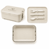 A beige lunchbox with a lid, accompanied by a matching plate and utensil set, featuring a logo on the lid.