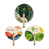 Three shaped wooden paper fans featuring various designs, including green, cream, and blue colours with logos.