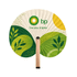 A shaped wooden paper fan featuring a design with green and yellow patterns and a logo. The fan has a wooden handle.
