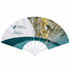 A plastic hand fan featuring a floral design in shades of green and white, with a logo on the side.