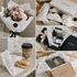 An assortment of gifts including flowers, sneakers, clothing, and food wrapped in branded tissue paper.