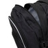 A black backpack featuring dual zippered compartments and a sleek design. It has an additional branded logo.