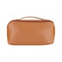 A tan toiletry bag with a zipped closure and handle, featuring a smooth finish and a simple design.