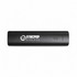 A black portable charger with a logo and a power indicator light. The design is sleek and rectangular.