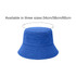 A blue reversible bucket hat with a textured finish and a round crown, featuring a logo.