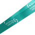 A teal RPET lanyard with printed branding, featuring a sleek and smooth texture.