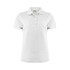 A white women's polo shirt featuring a collar and three buttons, with a logo on the front.
