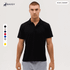 A black polo shirt on a model, featuring a logo and available in multiple colours.