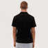 A black polo shirt viewed from the back, featuring a subtle logo on the collar.