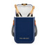 A navy blue cooler bag with a white interior, featuring two bottles of champagne inside and a logo on the front.