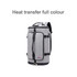 A grey convertible bucket backpack duffel bag with multiple compartments and a logo displayed on the front.