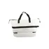 A white weekender bag with black straps and accents, featuring a zippered main compartment and front pocket.