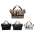 A travel weekender bag in beige, black, and white, featuring adjustable straps and a front pocket. It has a logo.
