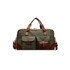A vintage canvas duffle bag in green with brown leather accents and two front pockets. Features a logo.