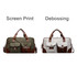 A vintage canvas duffle bag in khaki and brown with multiple pockets and a grey variant featuring brown accents.