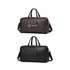 A polyurethane duffle bag in brown and black, featuring dual handles and a detachable strap, with a logo.