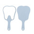 A tooth-shaped face mirror in light blue with a handle, featuring a reflective surface on one side.