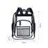 A transparent backpack with black accents, featuring a front mesh pocket and side water bottle holders.