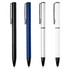 A collection of four ballpoint pens in black, blue, and white, featuring a sleek design and a clip.
