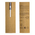 A stainless steel pen in a brown packaging, featuring a sleek design and a logo on the cardboard.
