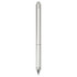 A silver recycled stainless steel pen with a sleek design and a textured grip, featuring a logo.