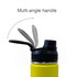 A drink bottle in bright yellow, featuring a black lid and a multi-angle carry handle. It has a logo on the side.