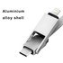 A silver aluminium charging cable with a grey braided design, featuring a connector for multiple devices and a logo.