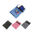 A blue mini wearable wallet with a logo, containing a card and paper, alongside grey, pink, and black variants.