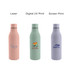 A drink bottle collection featuring three designs: pink, green, and lavender with various logos printed.