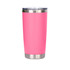 A drink bottle in a vibrant pink with a stainless steel base and a clear lid, featuring a logo.