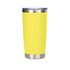 A drink bottle in bright yellow with a stainless steel base and a clear lid. It features a logo on the surface.