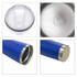A drink bottle featuring a blue exterior, stainless steel rim, and a clear lid. It has a recyclable symbol inside.
