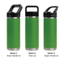 A drink bottle featuring three green designs with different lid options: straw handle, Tritan lid, and sipper handle.