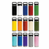 A drink bottle featuring various colours, with three different lid options and a stainless steel base. Each bottle has a logo.