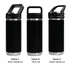 A drink bottle featuring a sleek black design with three different lid options: straw handle, Tritan lid, and sipper handle.
