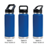 A drink bottle trio featuring a blue vacuum bottle with three different lid options: straw handle, Tritan, and sipper handle.